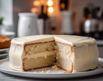 May include: A white cake with white frosting, cut into a slice, on a white plate. The cake is layered and has a creamy filling.