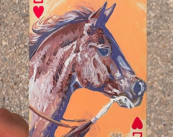 Peinture acrylique originale de cheval rouan alezan sur une carte à jouer vintage