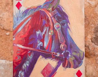 Peinture à l'huile originale de cheval alezan sur une carte à jouer vintage