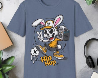 Camiseta con ilustración de conejito de hip-hop: dibujos animados vibrantes con boombox, elementos de graffiti y colores llamativos, diseño divertido de ropa urbana