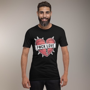 Punk Rock Broken Heart T-Shirt - &#39;F#ck Love&#39; Illustrated Design, White on Black, Stitched Heart Graphic, Edgy Art, Poster Style