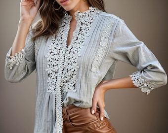 Lavender Tribe Bohemian Grey Lace Floral Blouse - Romantic 3/4 Sleeve Button Front Women's Top