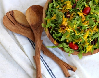 Rustic Plain Handmade Olive Wood Salad Server | Kitchen Cooking Utensils Set | Christmas Host Wedding Birthday Anniversary Vegan Gift
