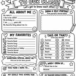 Op de afbeelding: Een zwart-wit werkblad getiteld WELCOME TO OUR CLASS met secties voor All About Me, My Favorites, This or That, Draw a Self-Portrait, When I Grow Up en My Goals, voorzien van lijntekeningen van potloden, boeken en een schoolbus.