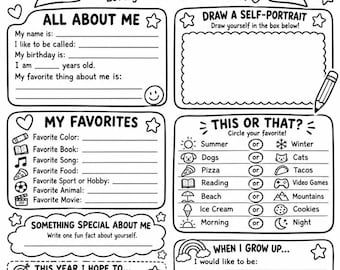 Peut inclure: Une fiche d'activité en noir et blanc intitulée WELCOME TO OUR CLASS avec des sections pour All About Me, My Favorites, This or That, Draw a Self-Portrait, When I Grow Up et My Goals, illustrée de dessins au trait de crayons et livres.