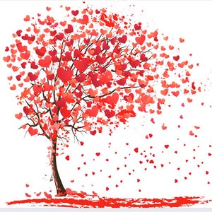 Op de afbeelding: Een rode hartvormige boom met bladeren die in de wind waaien. De boom staat op een witte achtergrond met een rode grond.