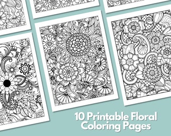10 Beautiful Floral Coloring Pages | Flower Adult Teens Coloring Pages | Printable Adult Coloring Page | Instant Download | Set 2
