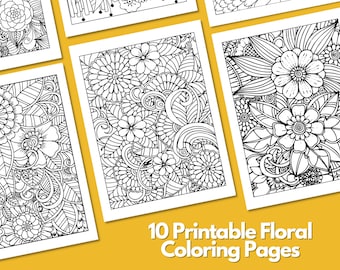 10 Beautiful Floral Coloring Pages | Flower Adult Teens Coloring Pages | Printable Adult Coloring Page | Instant Download | Set 1