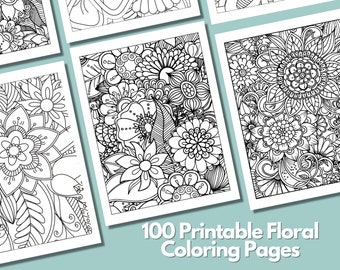 100 Beautiful Floral Coloring Pages | Flower Adult Teens Coloring Pages | Printable Adult Coloring Page | Instant Download | Set 1