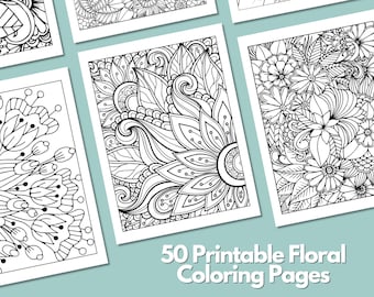 50 Beautiful Floral Coloring Pages | Flower Adult Teens Coloring Pages | Printable Adult Coloring Page | Instant Download | Set 1