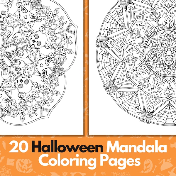 20 Halloween Mandala Coloring Pages | Halloween Detailed Adult Teens Coloring Pages | Printable Adult Coloring Page | Instant Download