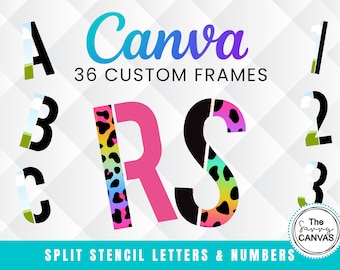 Split Stencil Letters & Numbers Canva Frames, Fill your own, Drag and Drop, Alphabet Mock up Frames, Canva Templates, Mock up Template