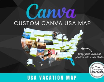 Könnte beinhalten: Eine anpassbare USA-Kartenvorlage für Canva. Die Karte ist in Bundesstaaten unterteilt, wobei jeder Bundesstaat Platz für ein Foto bietet. Der Text "Drop your vacation photos into each state." ist enthalten. Der Text "The Savvy Canvas" befindet sich in einem Kreis mit blauem Hintergrund.