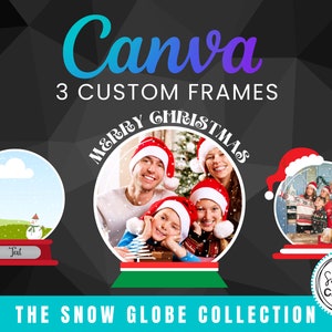 May include: Three customizable snow globe frames with a Merry Christmas theme. The frames feature a snowy landscape, a family portrait, and a group of people in winter attire. The frames are labeled "The Savvy Canvas".