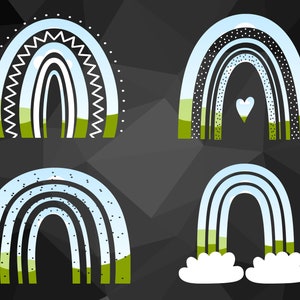 May include: Four different rainbow illustrations against a black background. Each rainbow has a unique design, including white polka dots, white zigzags, and a heart in the centre. The rainbows are all in shades of blue and green.