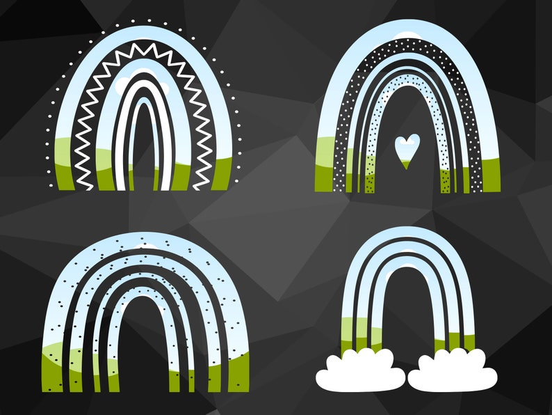 May include: Four different rainbow illustrations against a black background. Each rainbow has a unique design, including white polka dots, white zigzags, and a heart in the centre. The rainbows are all in shades of blue and green.