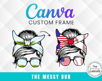 May include: Two illustrations of a woman with a messy bun, wearing a headband with a red, white, and blue design. The headband on the left illustration has a cloud pattern, while the headband on the right illustration has a baseball pattern. Both illustrations have sunglasses with a red, white, and blue design on the left lens and a baseball pattern on the right lens. The text "The Messy Bun" is below the illustrations.