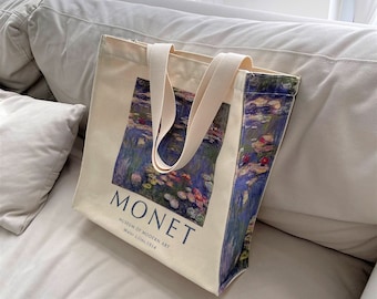 Monet Tote Bag, Water Lily Printed Canvas Tote Bag, Floral Aesthetic Grocery Bag, Reusable Shopping Bag, Painter Art Bag with Zipper