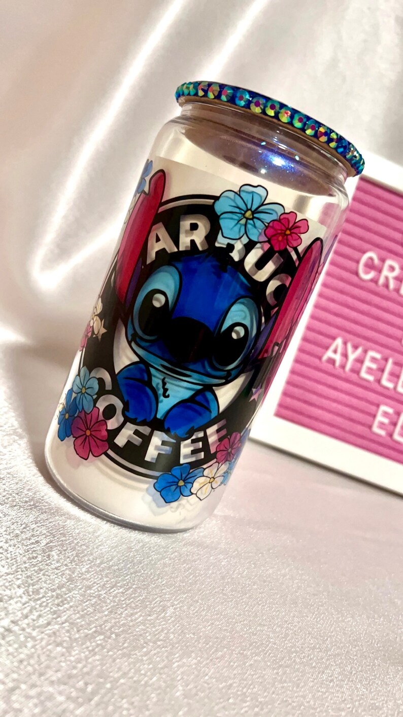 Stitch 16oz Blue Iridescent Glass Can Tumbler. afbeelding 2