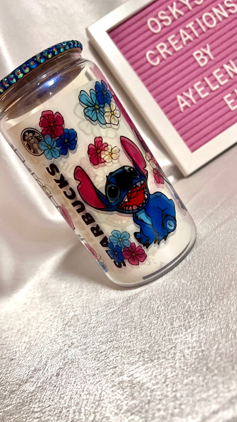 Stitch 16oz Blue Iridescent Glass Can Tumbler. afbeelding 3