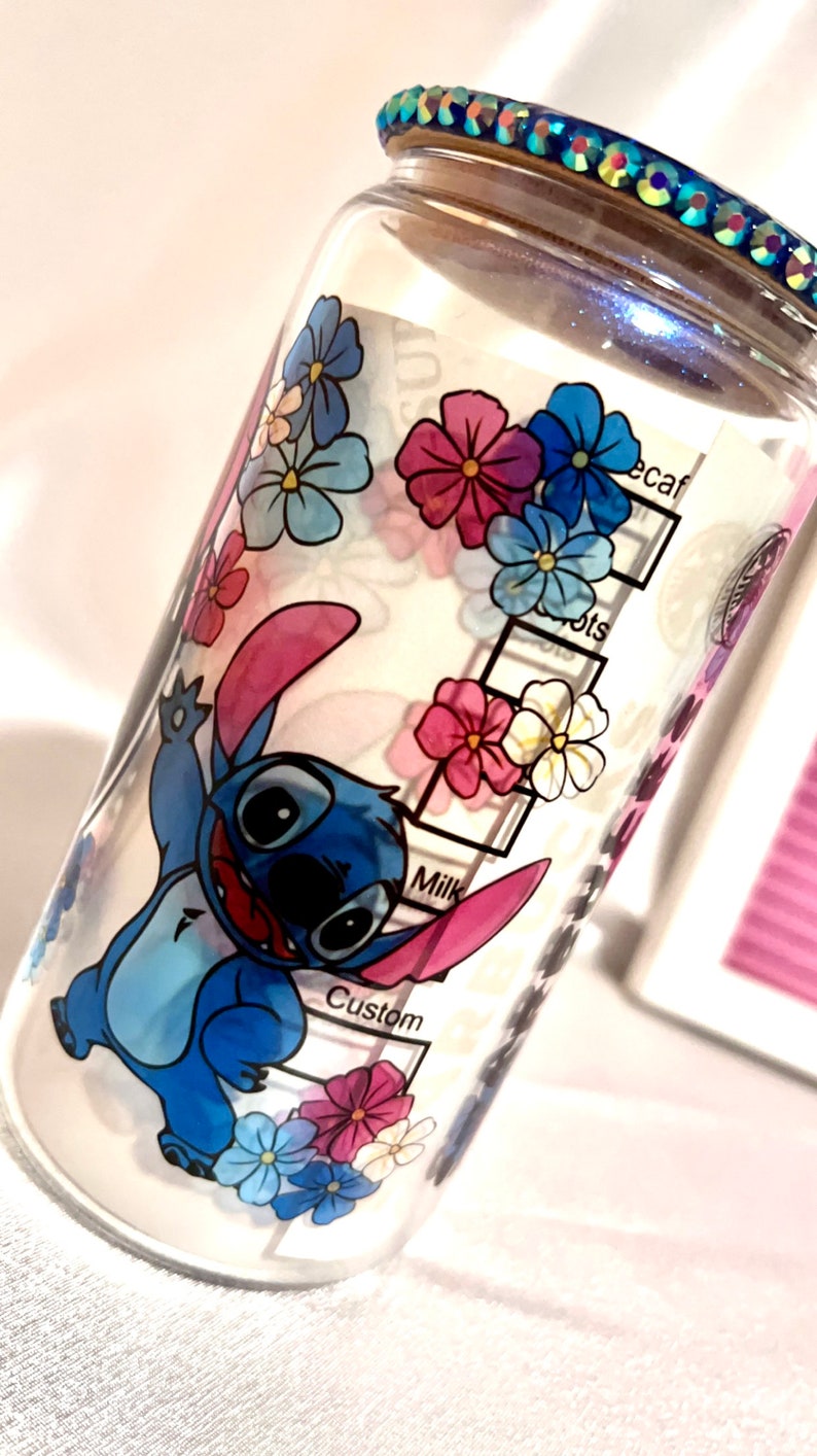 Stitch 16oz Blue Iridescent Glass Can Tumbler. afbeelding 4