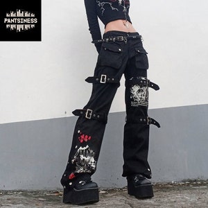 Goth Harajuku Pants, Grunge Y2K Cargo Pants, Vintage Streetwear Printed Bottoms, Side Button Low Waist Jeans