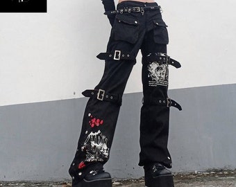 Goth Harajuku Pants, Grunge Y2K Cargo Pants, Vintage Streetwear Printed Bottoms, Side Button Low Waist Jeans