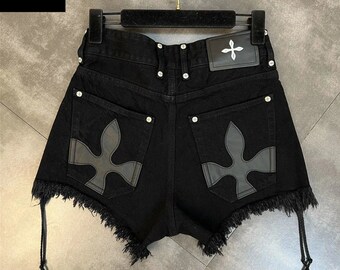 Grunge Y2K Cross Shorts, Dark Gothic Hip Hop Bottoms, Tassel Trend Fringe Shorts, Punk Harajuku High Street Shorts