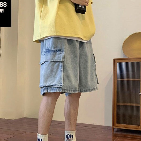 Y2K Wide Leg Cargo Shorts, Denim Multi Pocket Harajuku Bottoms, Korean Style Vintage Shorts, Drawstring Hip Hop High Street Shorts