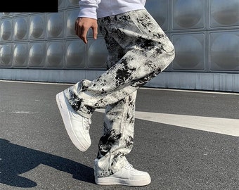 Hip Hop Plaid Jeans, Y2K Camouflage Design Black White Bottoms, Straight High Street Pants, Grunge Loose Denim Trousers