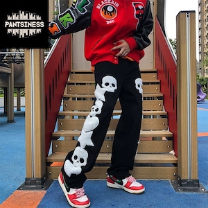 Y2K Embroidered Skull Jeans, Retro Style Star and Heart Design Trousers, 90s Hip Hop Punk Streetwear, Harajuku Urban Style Jeans