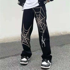 Y2K Spider Pants, Cobweb Design Printed Jeans, Goth Alt Urban Streetwear Bottoms, Retro High Street Trousers