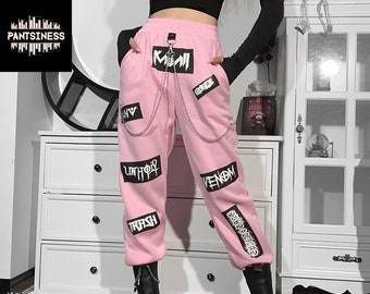 Womens Pink Sweatpants, Chain Decorated Gothic Bottoms, High Waist Elastic Trousers, Rave Punk Harajuku Pants