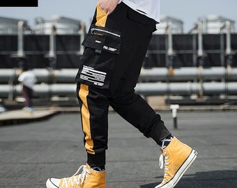 Techwear Jogger Pants, Cyberpunk Harem Streetwear Bottoms, Dual Color Cargo Trousers, Urban Style Steampunk Striped Pants