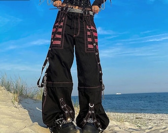 Gothic Patchwork Cargo Pants, Y2K Punk Style Bottoms, Wide Leg Techwear Harajuku Trousers, Steampunk Grunge Urban Style Pants