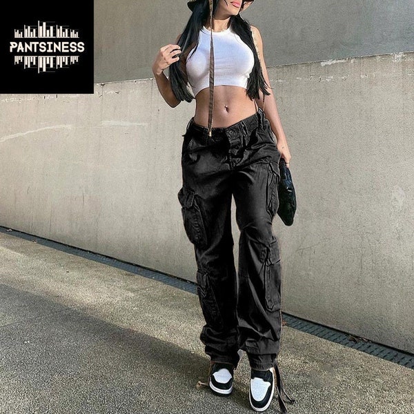 Y2K Cargo Side Pocket Pants, Low Waist Straight Denim Trousers, Vintage Style Hip Hop Loose Pants, Baggy Womens Bottoms