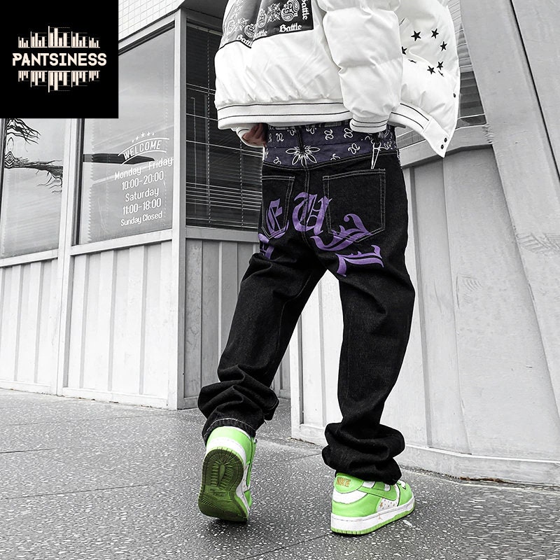 Retro Y2K Printed Jeans, Gangster Style Hip Hop Pants, Devil 