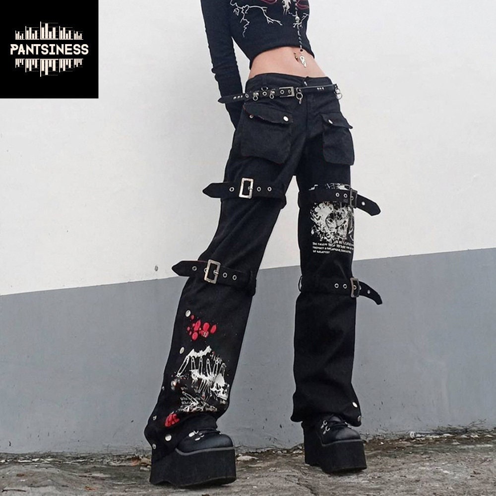 Jeans Folgados Goth Dark Cyber Y2k Punk Wide Leg Techwe