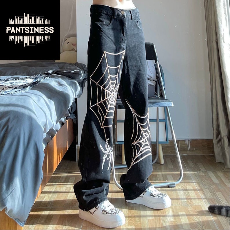 Y2K Spider Pants Cobweb Design Printed Jeans Goth Alt Urban - Etsy