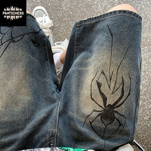 Washed Spider Print Shorts, Y2K Denim Streetwear Bottoms, Cobweb Retro Style Jorts, Grunge Vintage Harajuku Bottoms