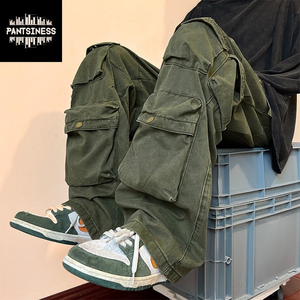 Tactical Cargo Multi Pocket Pants, Vintage Wide Leg Loose Bottoms, Casual Y2K Hip Hop Trousers, Harajuku Urban Streetwear Pants