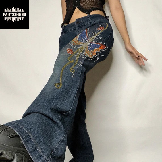 Vintage Flare Pants Y2K Reworked Weird Plant Graphic Patch Preppy