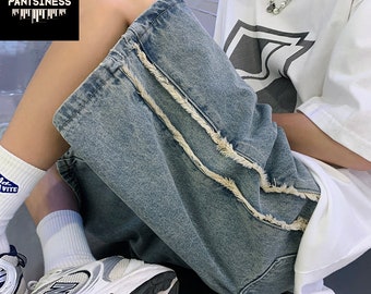 Ripped Striped Denim Shorts, Patchwork Vintage Y2K Jorts, Washed High Street Bottoms, Retro Patchwork Streetwear Straight Shorts