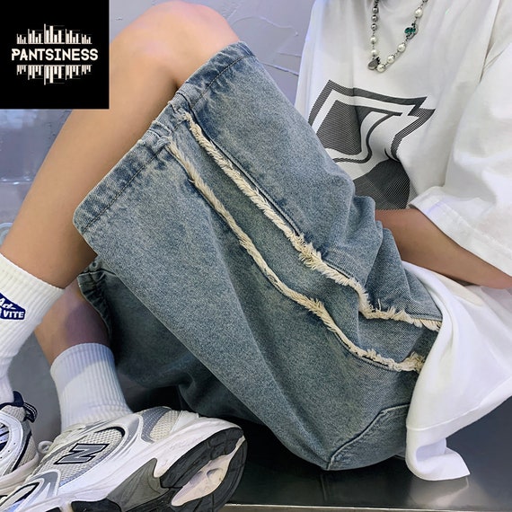 Ripped Striped Denim Shorts, Patchwork Vintage Y2K Jorts, Washed