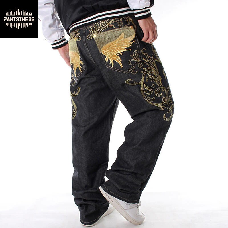 Men Baggy Jeans Retro Paisley Denim Pants Hip Hop Casual Straight Leg  Trousers