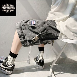 Denim Retro Cargo Shorts, Y2K Patchwork Distressed Shorts, Washed Casual Wide Leg Shorts, High Street Tactical Hip Hop Jorts