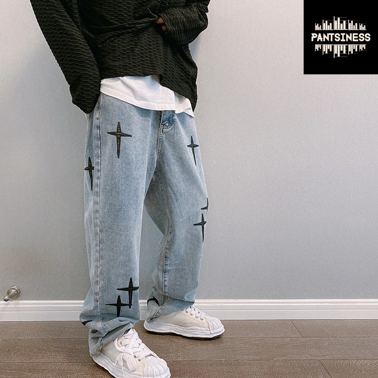 Retro Y2K Cross Embroidered Pants, Wide Leg Mens Fashion Jeans, High Street  Hip Hop Trousers, Urban Streetwear Straight Jeans 