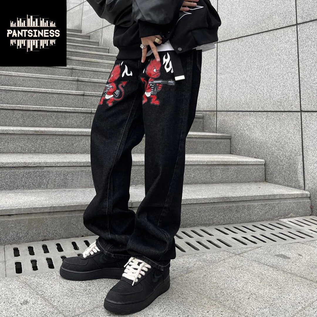Y2K Devil Print Jeans, Streetwear Baggy Hip Hop Pants, Black Loose Fit ...