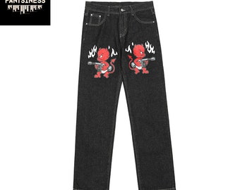 Y2K Devil Print Jeans, Streetwear Baggy Hip Hop Pants, Black Loose Fit  Grunge Bottoms, Urban Streetwear Gothic Trousers -  Canada