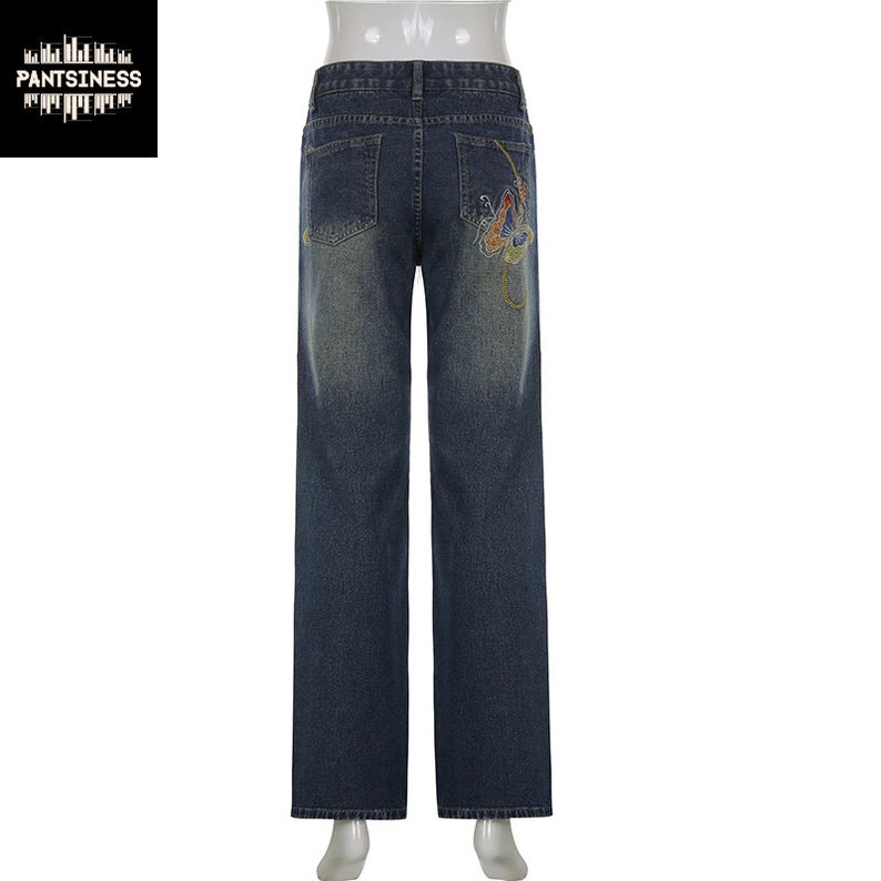 Y2K Embroidered Butterfly Jeans Straight Leg Chic Pants Etsy